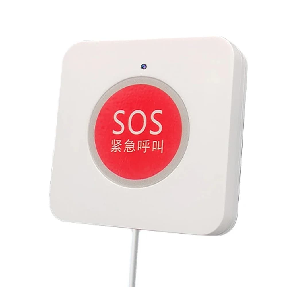 Wall SOS-button–style camera — three-quarter view